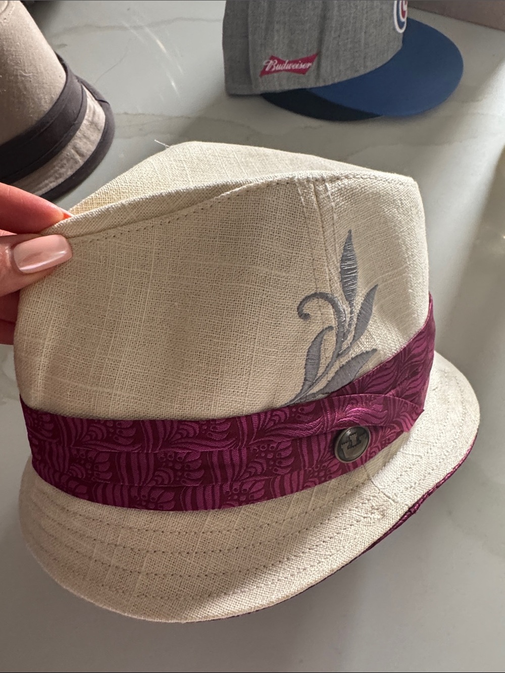 Women’s Cream Fedora with Purple Band and Embroidery